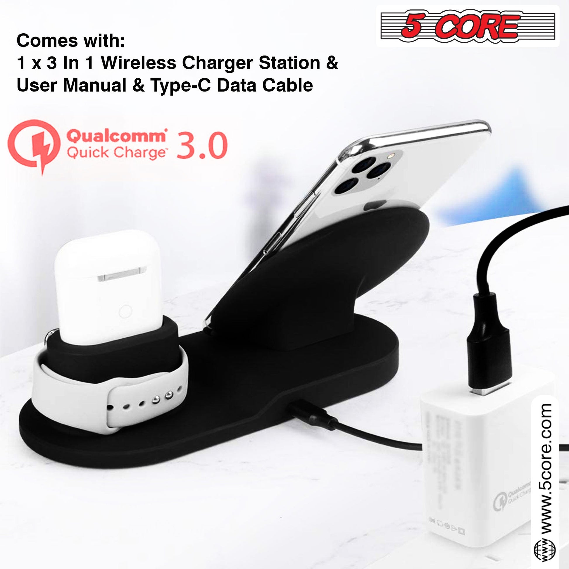 5 Core Wireless Charging Station 3 in 1 Wireless Charger Stand QI Fast Wireless Charging W Dual Coil for Samsung Iphone for Apple Watch Airpod -WCR 3